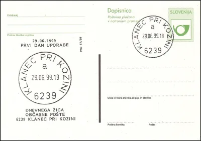 PRVI DAN UPORABE DNEVNEGA ŽIGA OBČASNE POŠTE 6239 KLANEC PRI KOŽINI